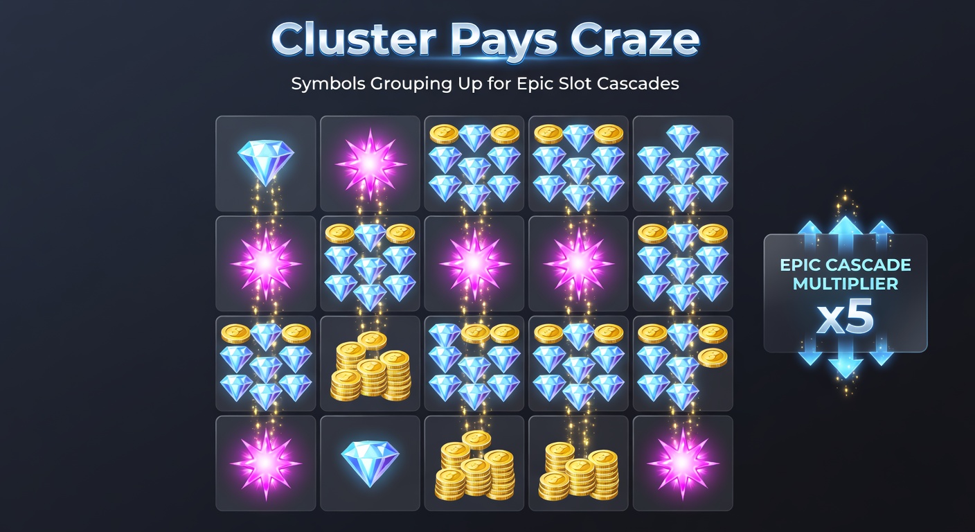 Close-up of a cluster pays bonus round with glowing multipliers stacking on cascading reels, symbols bursting in a chain reaction