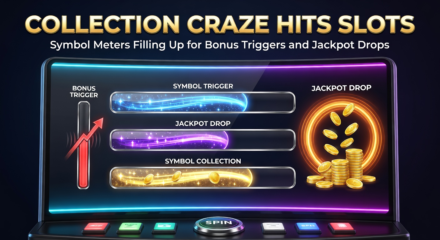 Vibrant slot screen displaying a glowing collection meter filling with colorful symbols, meters nearing bonus activation amid spinning reels