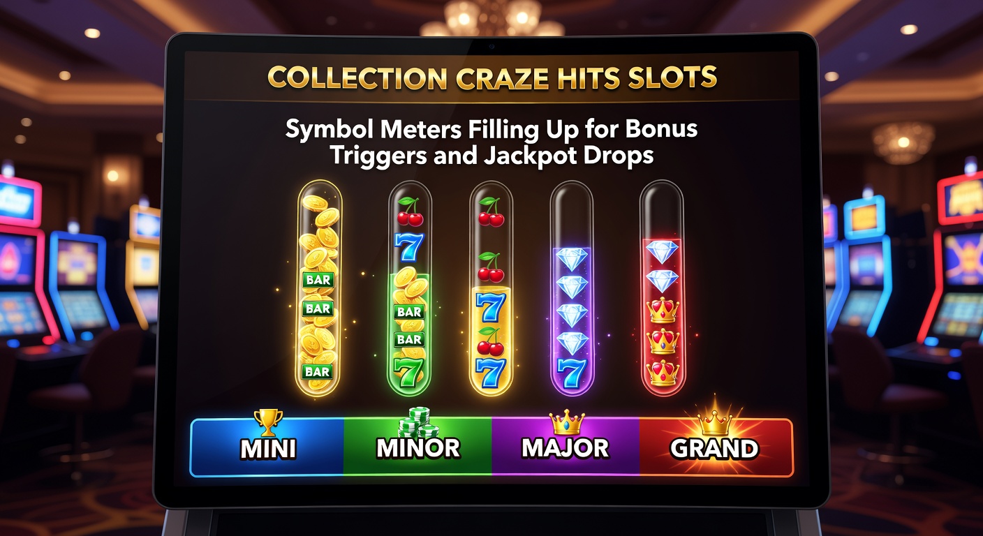 Close-up of slot interface showing multiple jackpot meters overflowing with collected gold coins and symbols, bonus round activating in a burst of lights and animations
