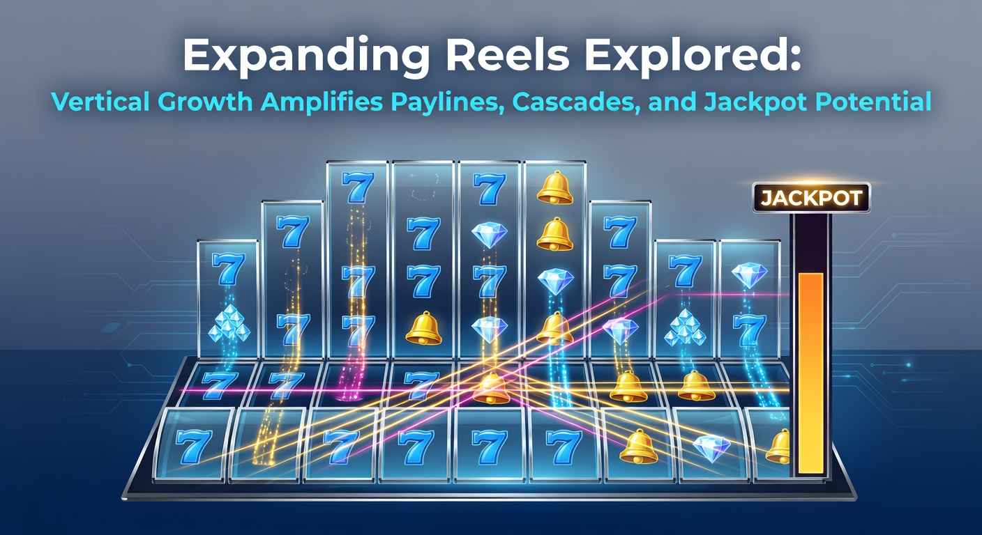 Dynamic slot screen showing reels expanding vertically from 3 to 8 rows, revealing new symbols and glowing paylines