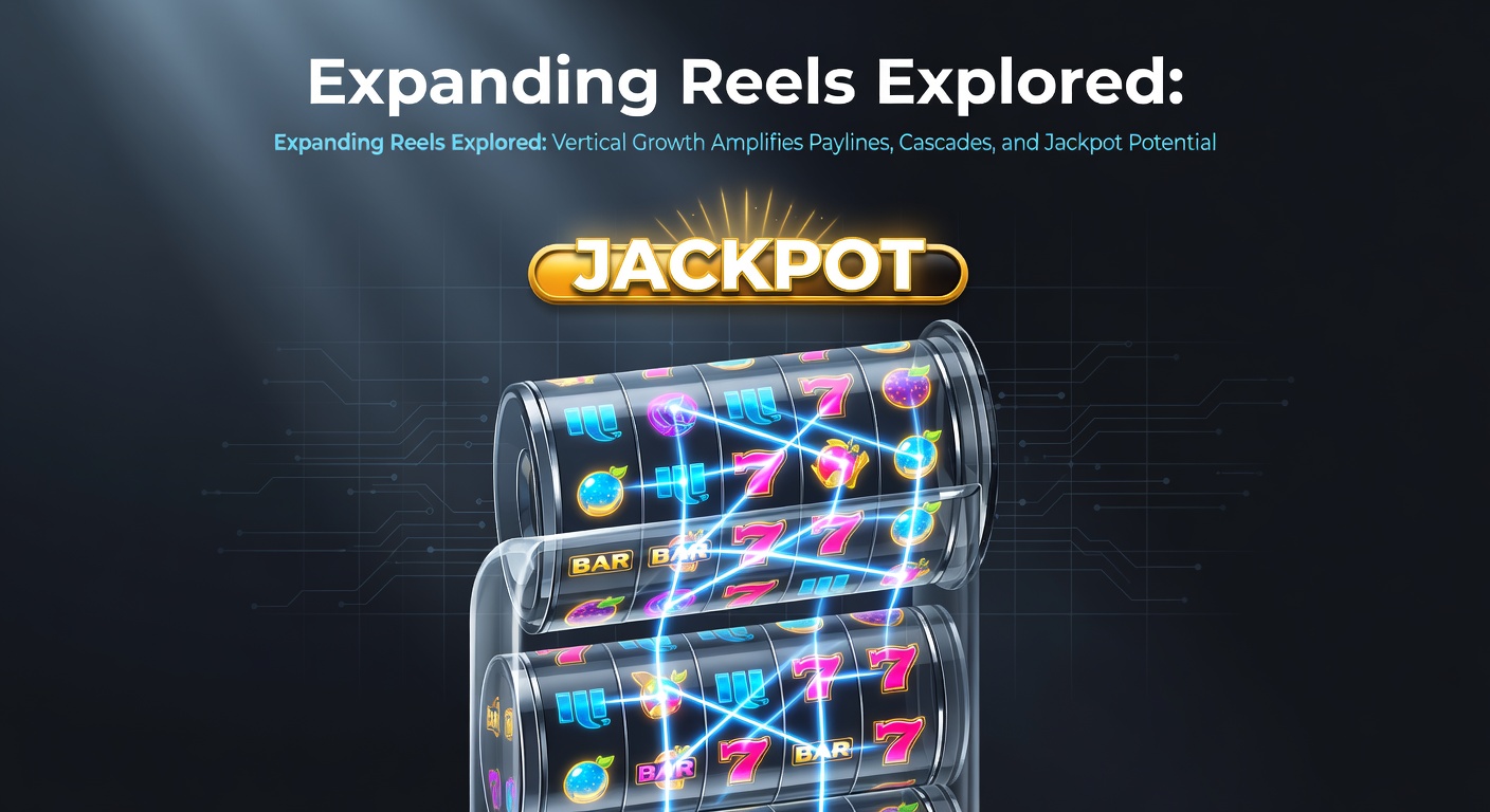 Close-up of cascading symbols in an expanded 8-row slot grid, with exploding wins and new paylines lighting up across multiple levels