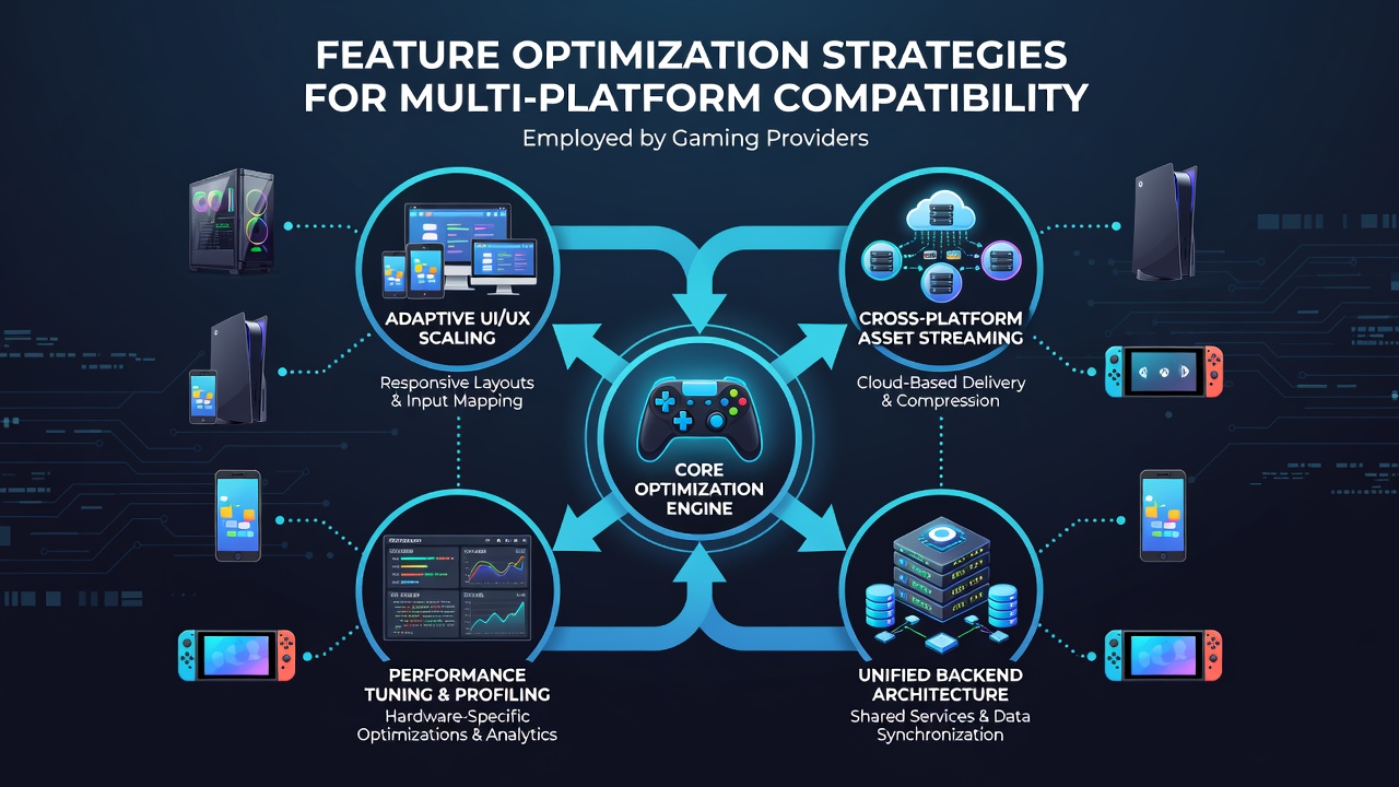 Cross-platform testing setup showing synchronized gameplay across desktop, tablet, and smartphone interfaces