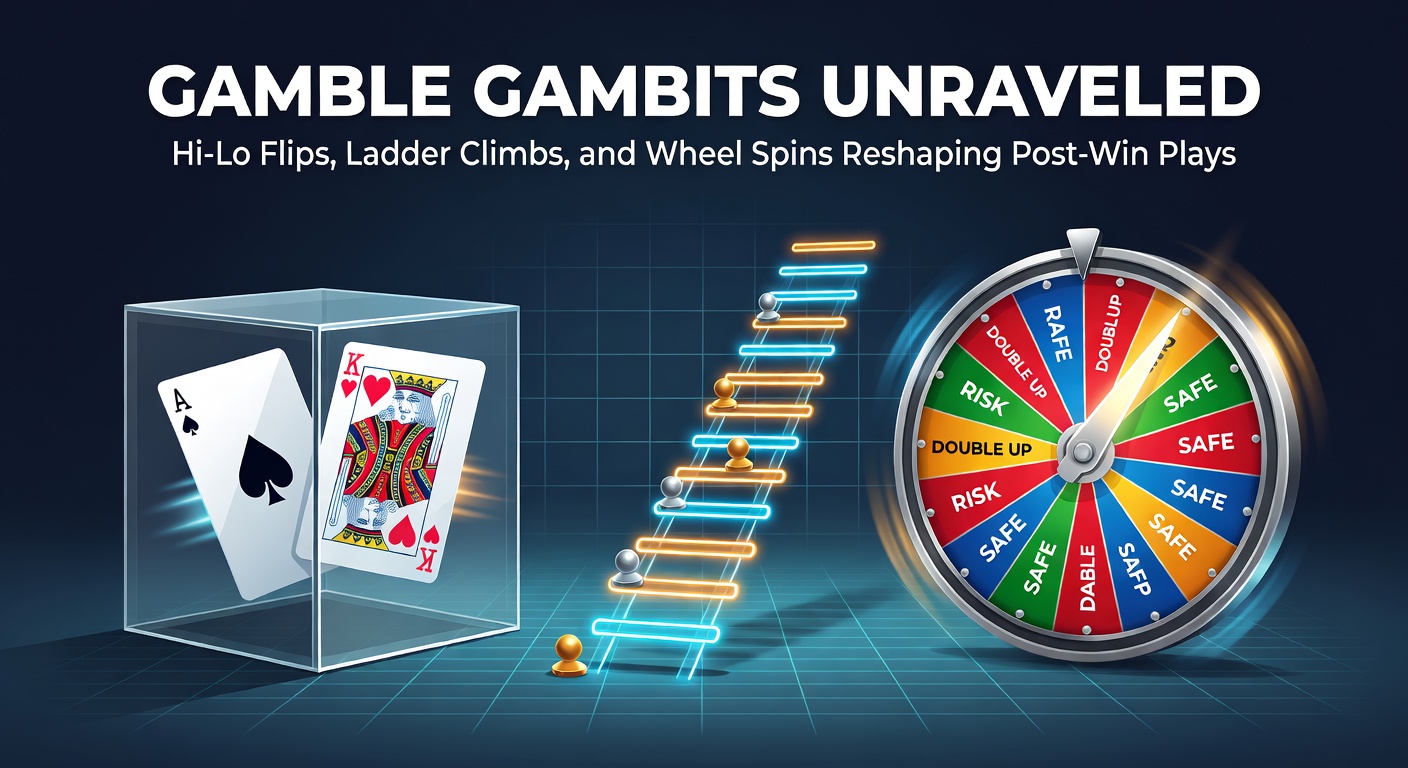 Vibrant slot screen displaying a gamble ladder with climbing rungs and multiplier prizes glowing against a dynamic casino backdrop