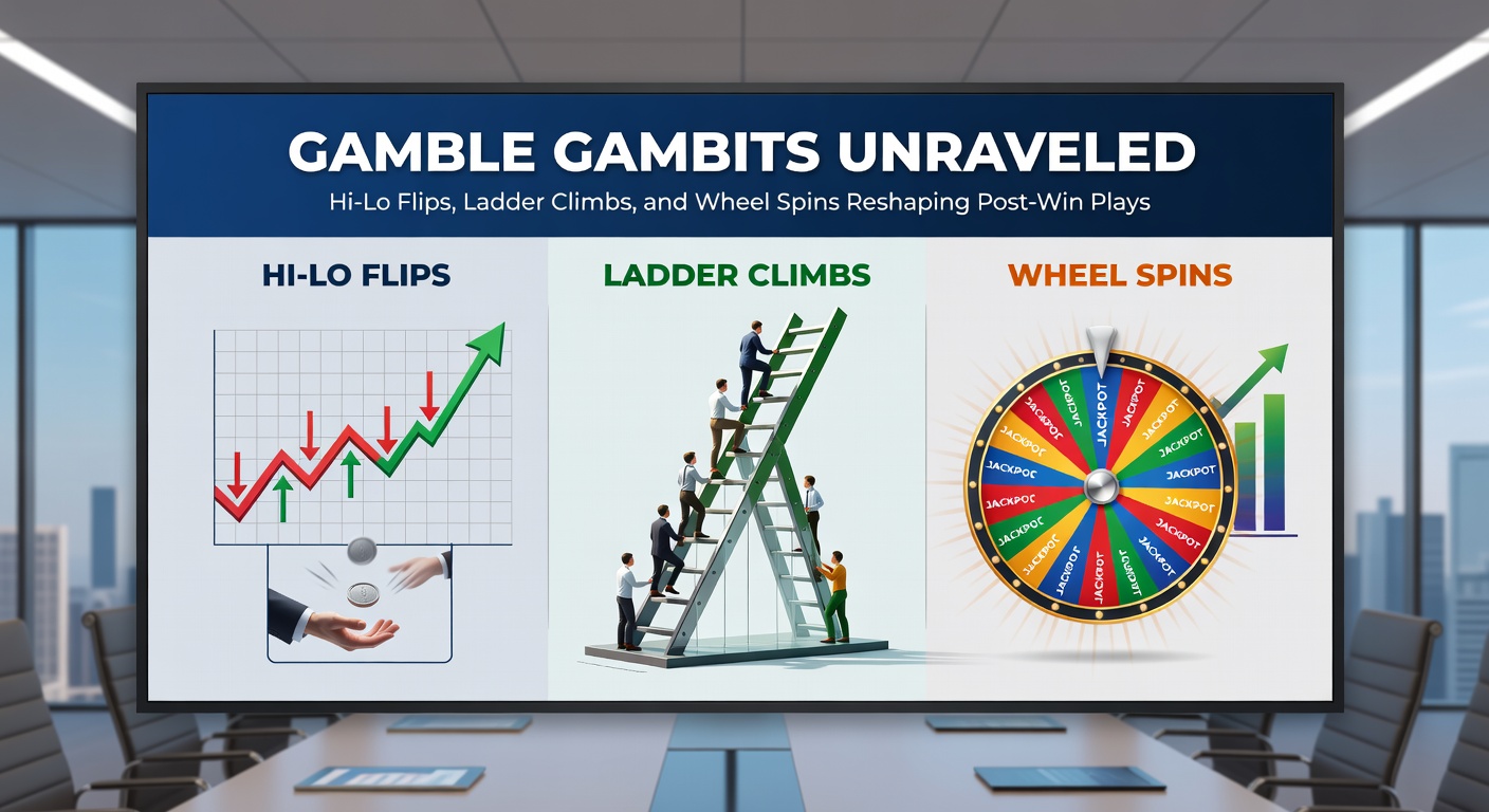 Animated gamble wheel spinning with segments for cash prizes, multipliers, and collect options amid colorful slot graphics
