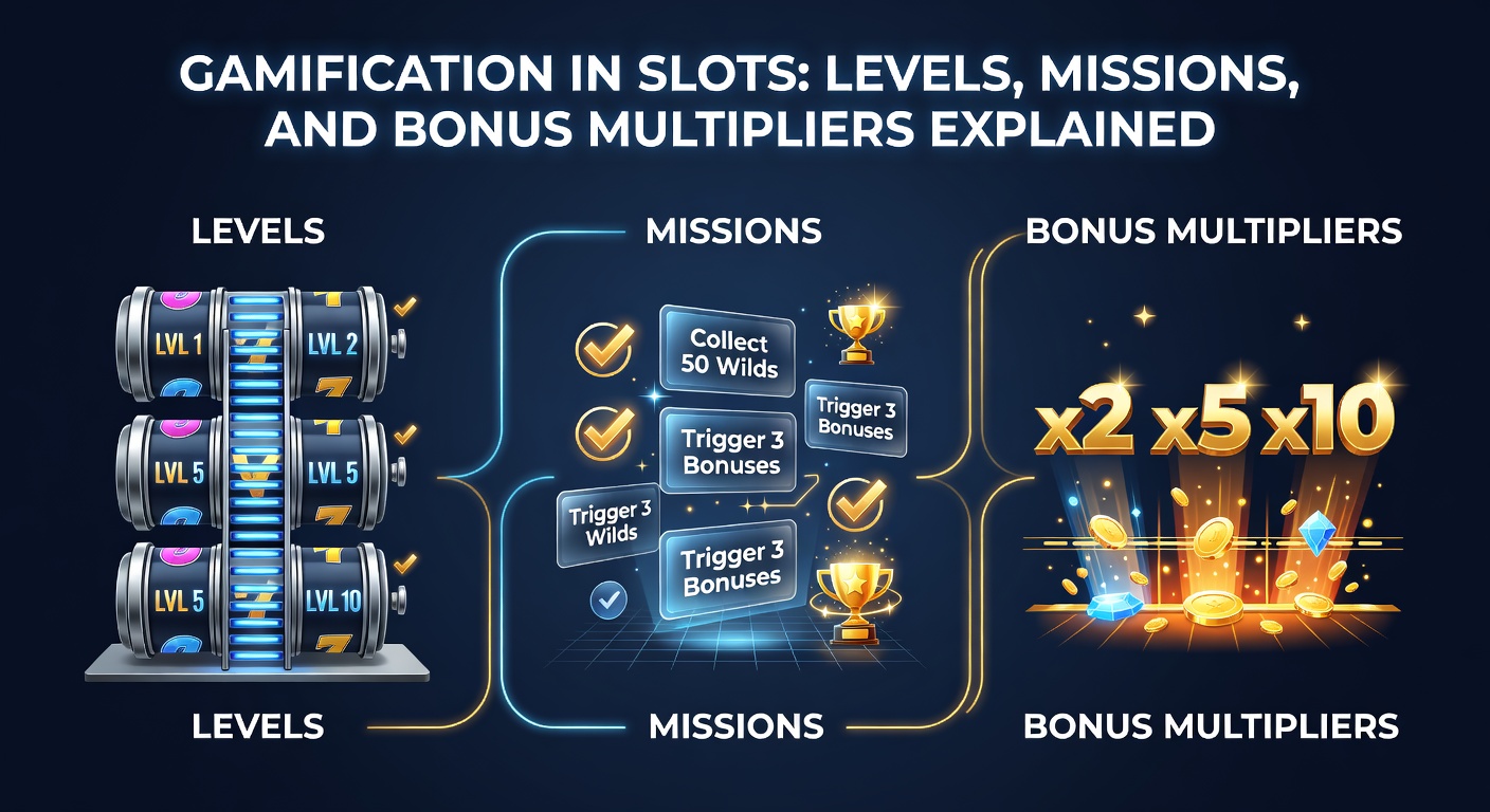 Vibrant slot machine screen displaying player levels, mission progress bars, and glowing bonus multipliers in action