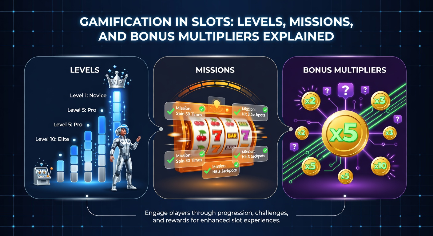 Close-up of a gamified slot interface showing mission completion notification, level-up animation, and a 10x bonus multiplier activating on the reels