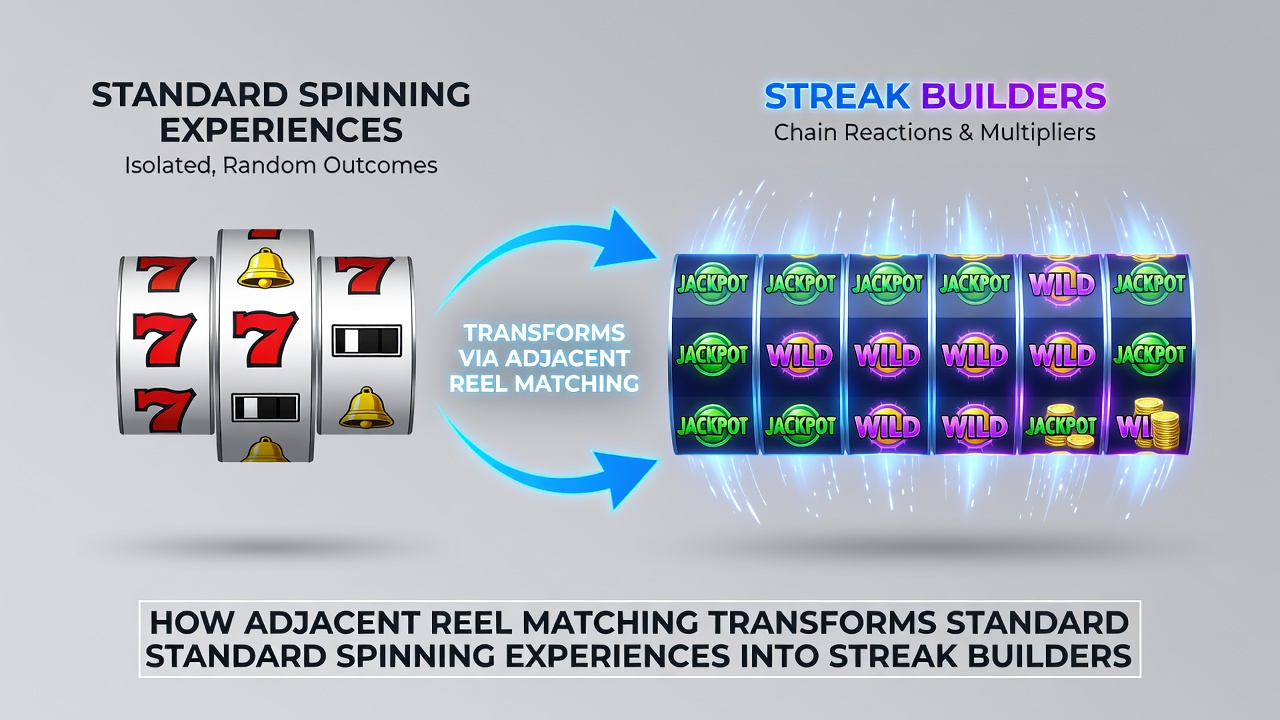 Screenshot of a slot game interface demonstrating an ongoing adjacent reel streak with highlighted matching symbols