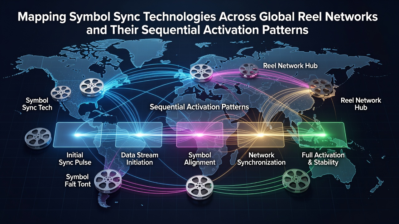 Global reel network diagram showing symbol synchronization across connected slot machines in multiple regions