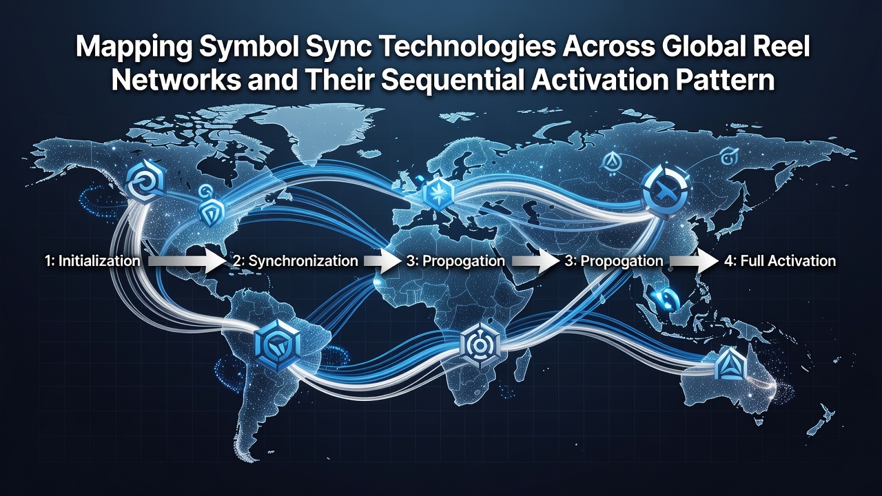 Technical illustration of sequential symbol activation patterns flowing through connected reel servers