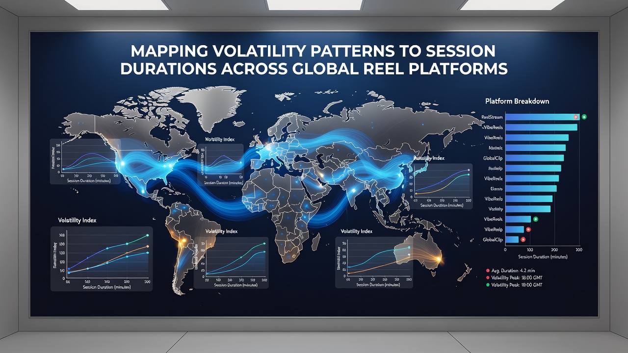Global map highlighting session duration averages linked to volatility categories on reel platforms