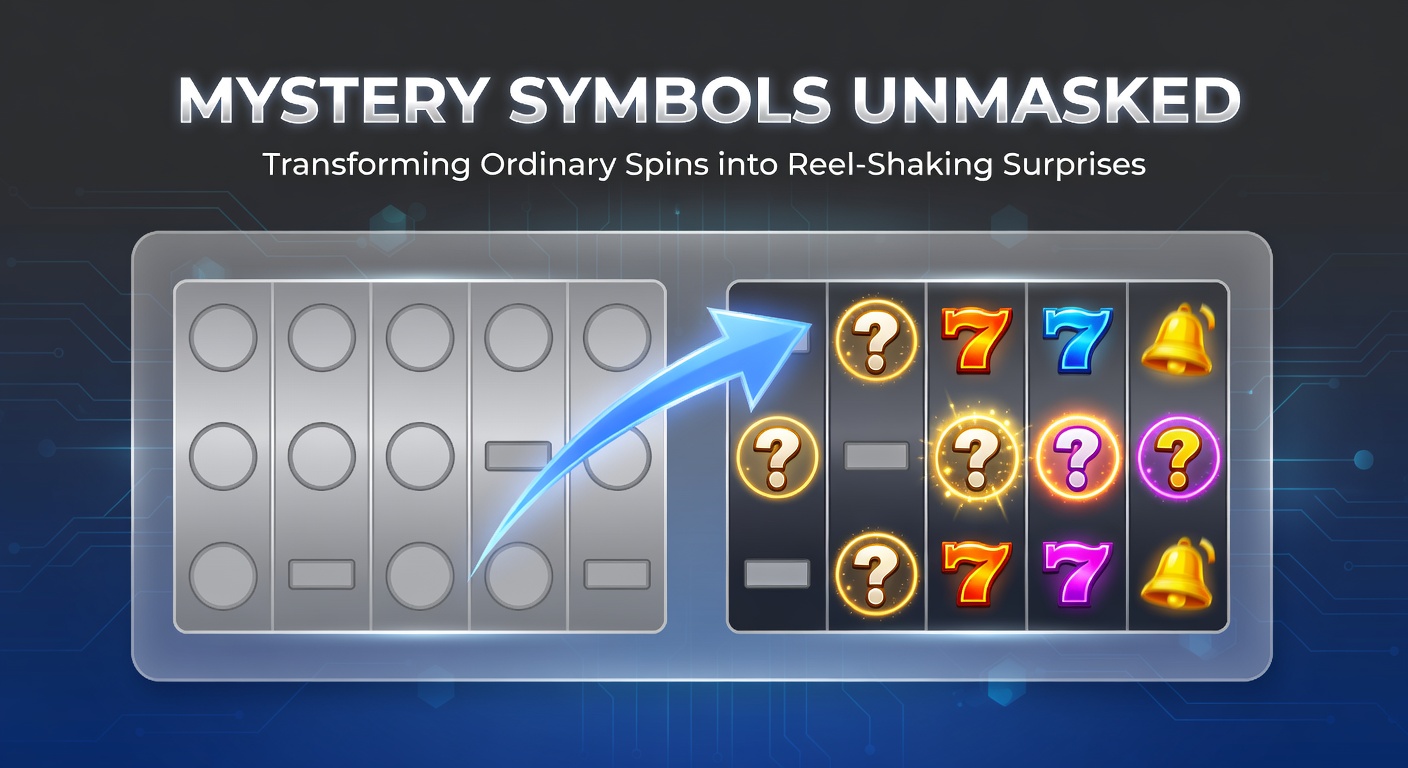Close-up of mystery symbols expanding across slot reels, unveiling matching icons and sparking a massive win cascade