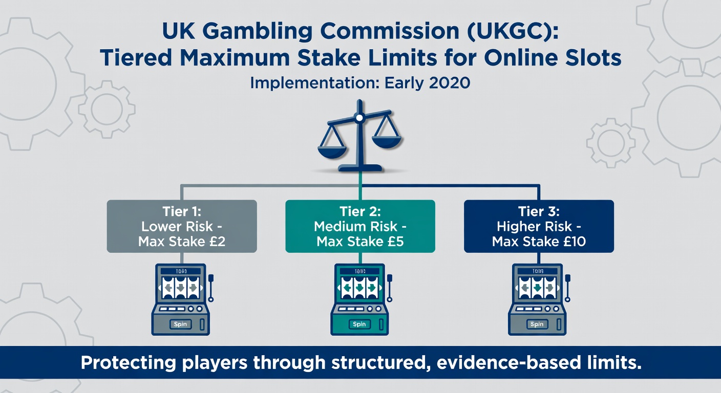 Close-up of a regulatory document or compliance dashboard showing stake limit tiers, age verification icons, and UKGC logos amid graphs of gambling session data
