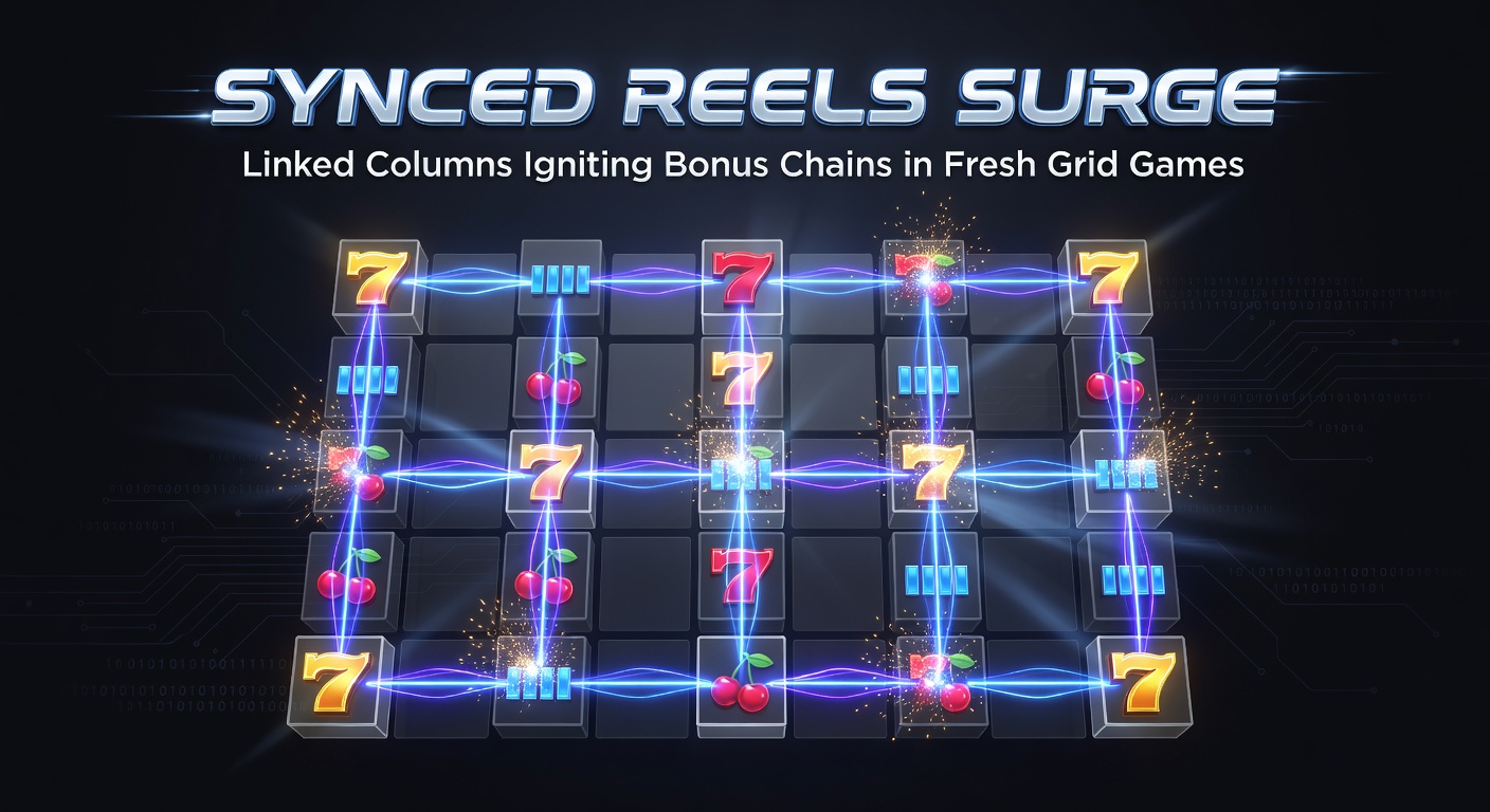 Vibrant grid slot screen displaying synced reels with linked columns glowing as bonus chains activate, symbols exploding in a cascade of wins