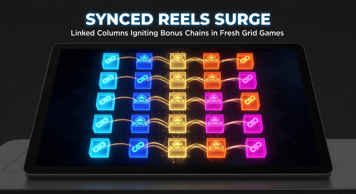 Close-up of bonus chain activation in a grid slot, linked columns pulsing with wilds and multipliers as cascades chain across the screen