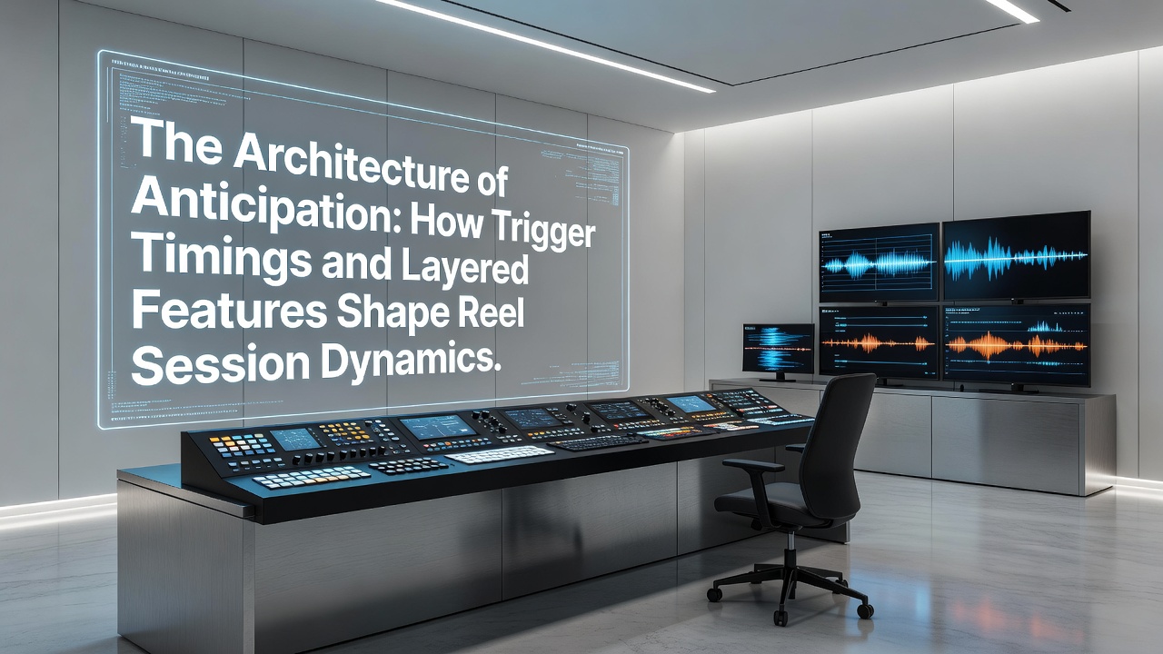 Close-up view of cascading reel layers with timing overlays and feature activation indicators