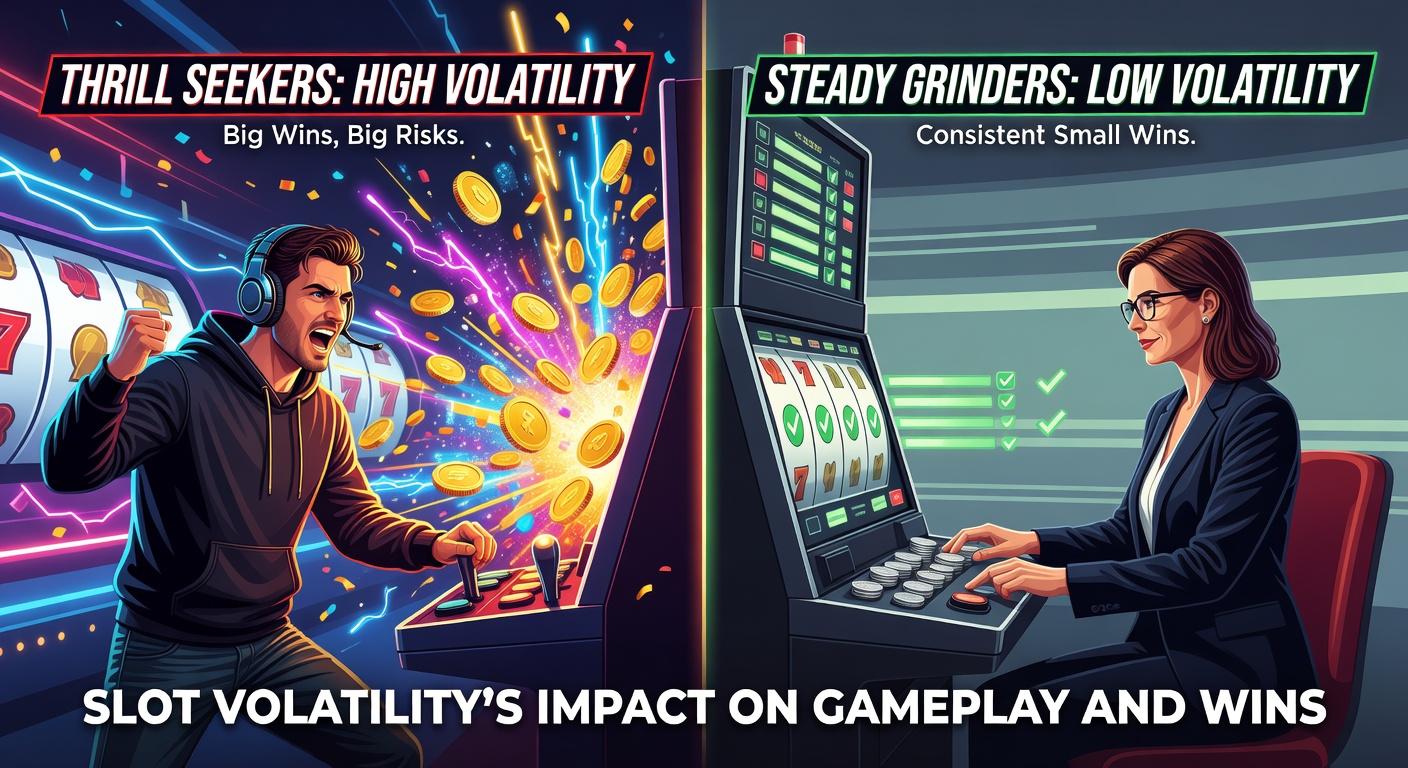 Dynamic slot machine reels displaying explosive high-volatility wins contrasted with steady low-volatility payouts, capturing the thrill versus grind divide