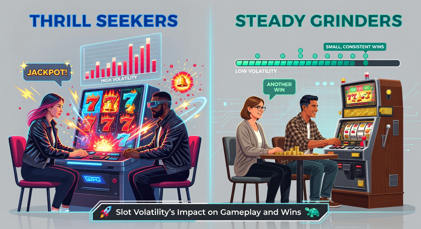 Split-screen comparison of a high-volatility slot's massive jackpot explosion next to a low-volatility game's chain of small, frequent wins on casino floors
