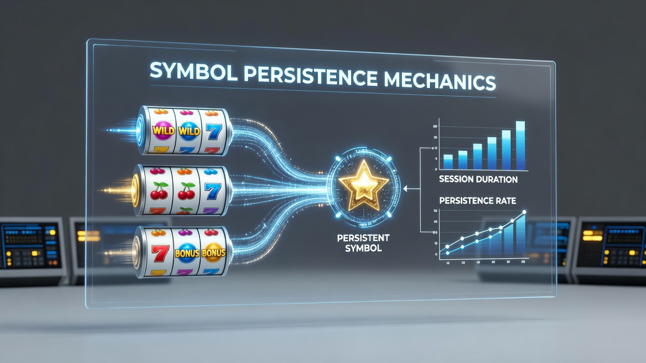 Overhead perspective of multiple digital slot machines running extended sessions with visible persistent symbols